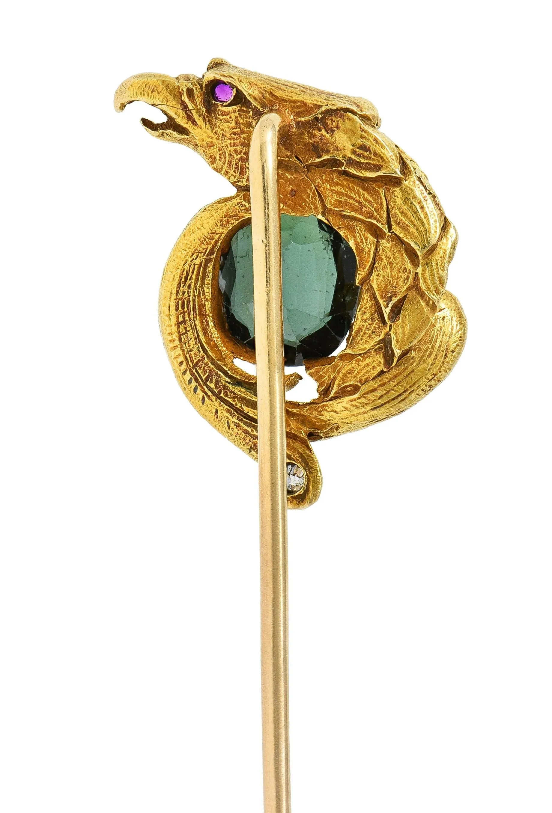 Art Nouveau Tourmaline Ruby 14 Karat Yellow Gold Antique Eagle Stickpin