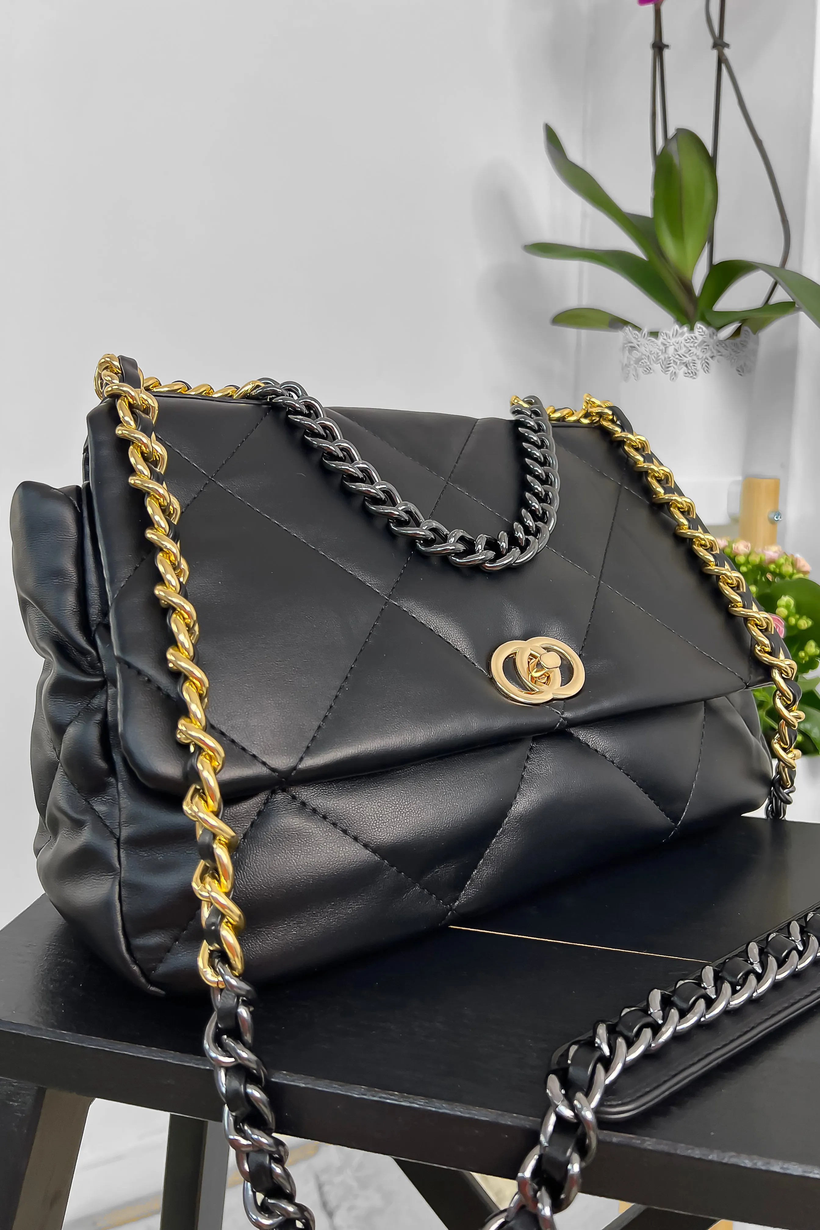 Black And Gold Chain Strap Quilted Handbag