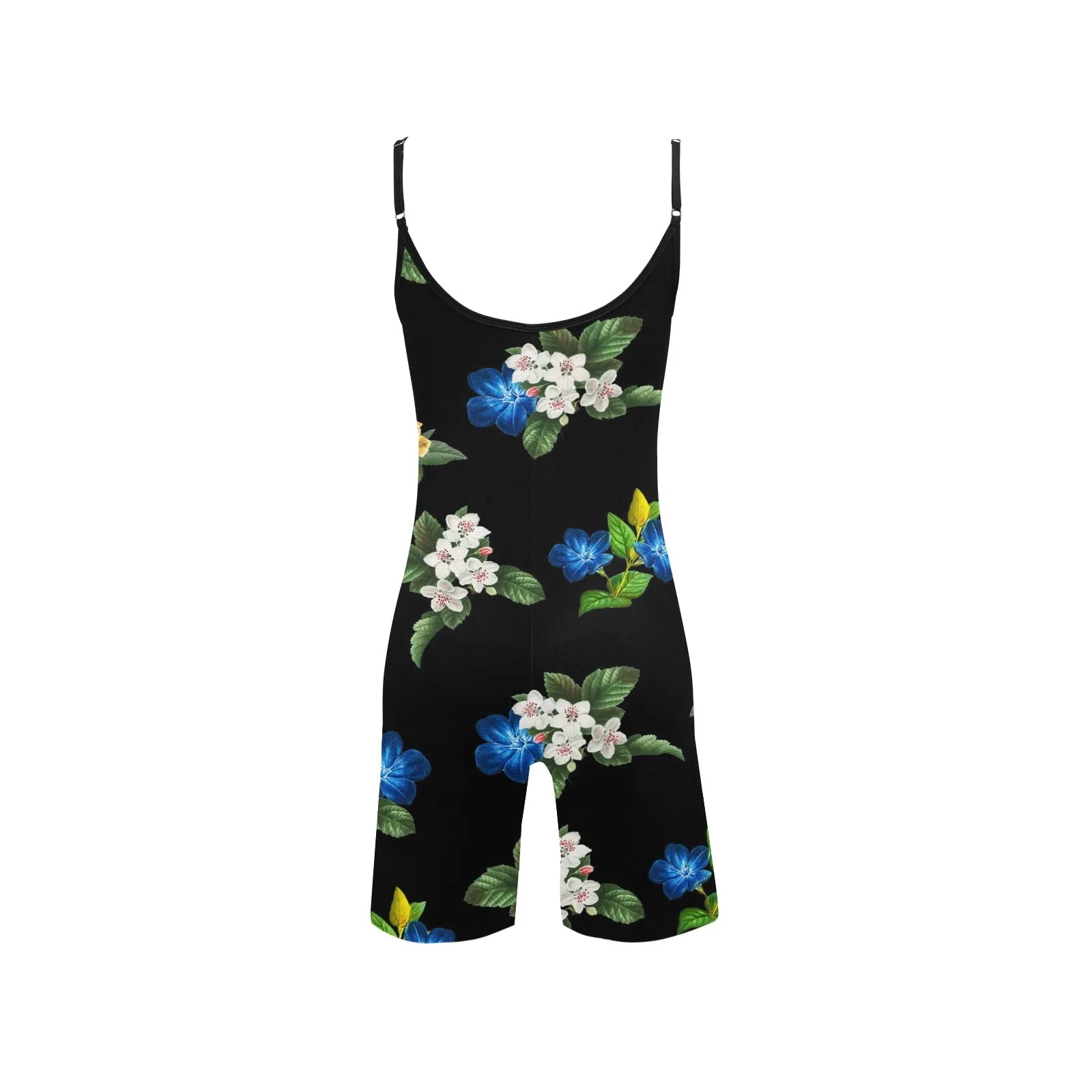 black back blue gold white floral print large Women's Short Yoga Bodysuit