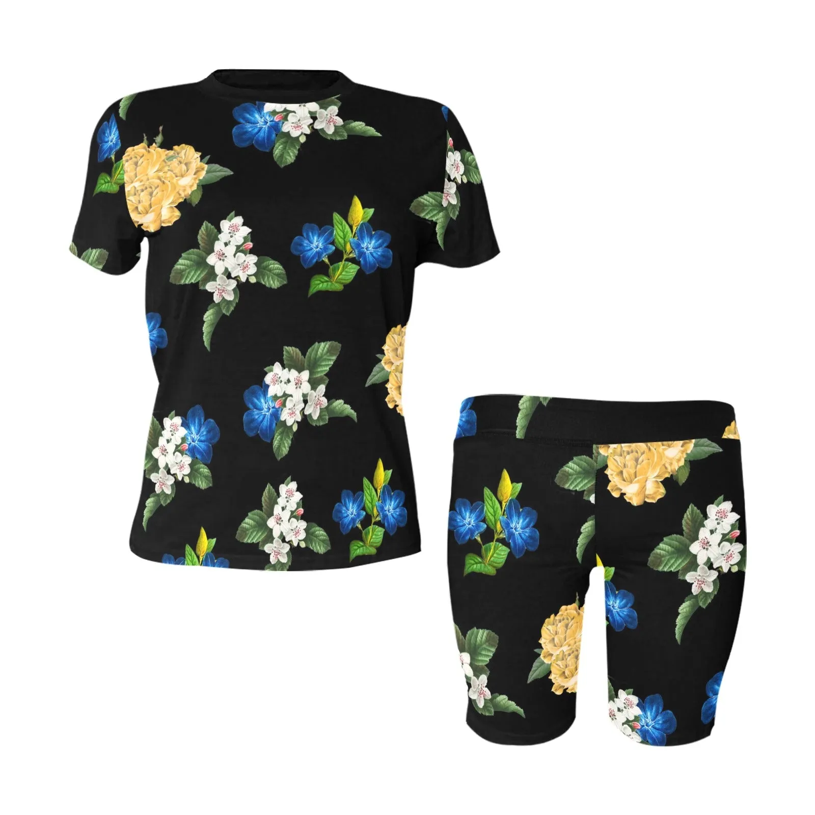 black back blue gold white floral print large Women's Short Yoga Set