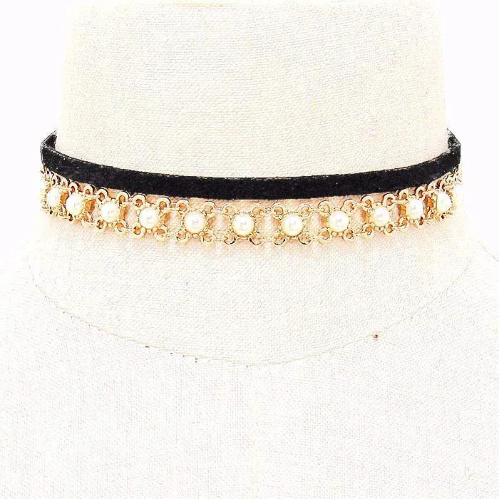 Black Suede and Gold Chain and Pearl Choker