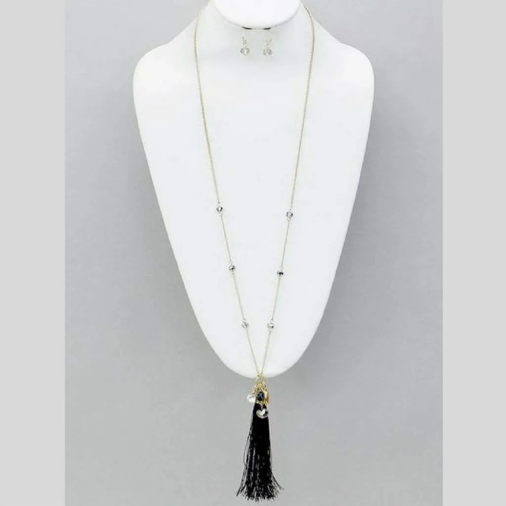 Black Tassel and Crystal Gold Chain Long Necklace