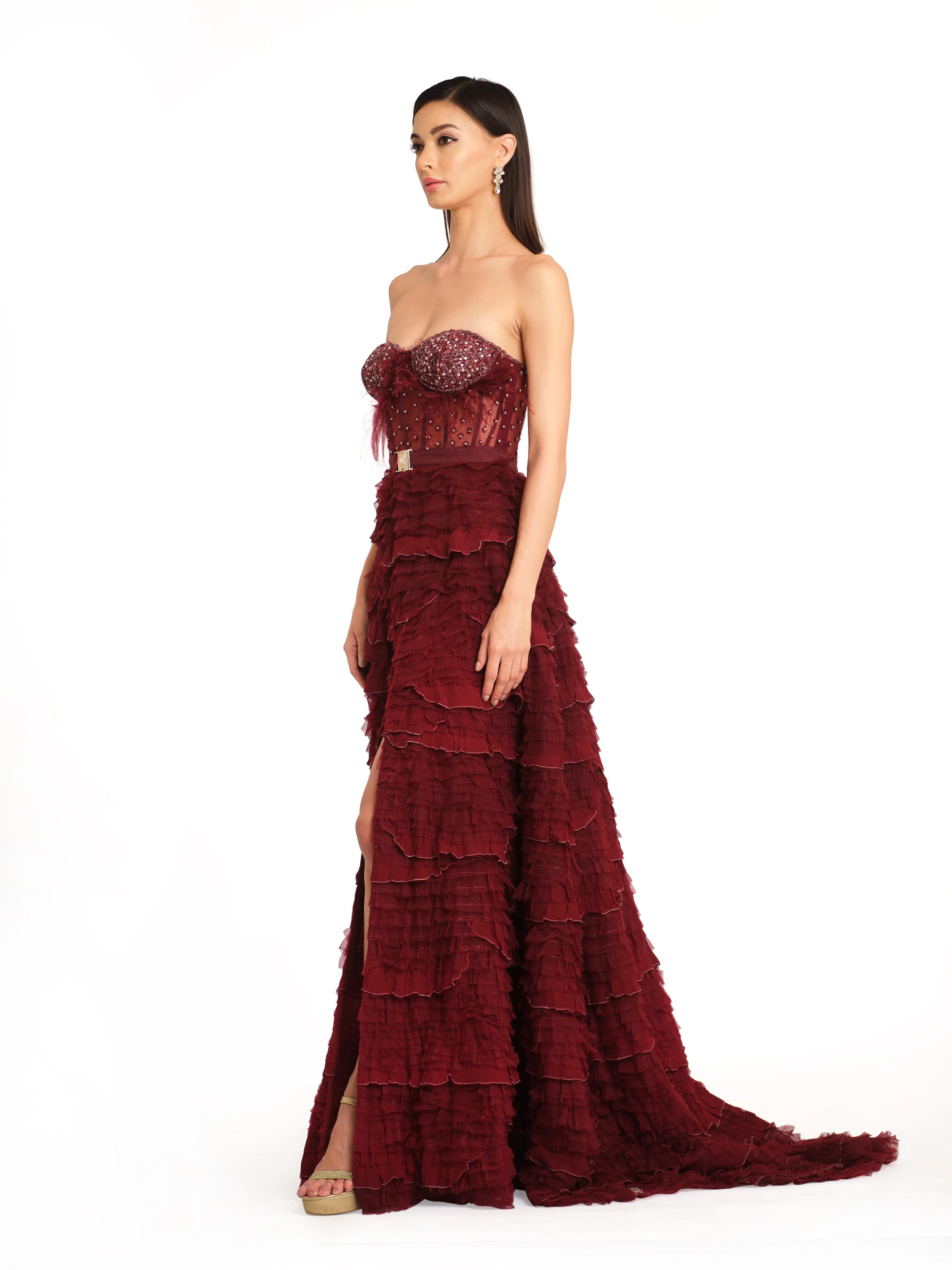 Burgundy Corset Gown with Frill Detailing