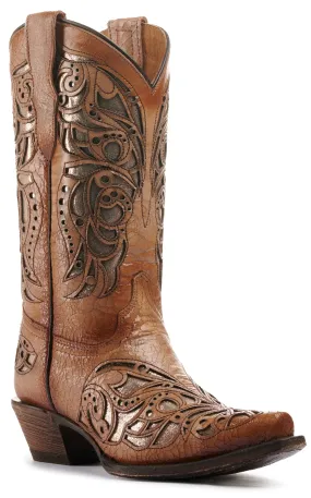 Corral Girl's Tan and Beige Inlay Snip Toe Cowboy Boots