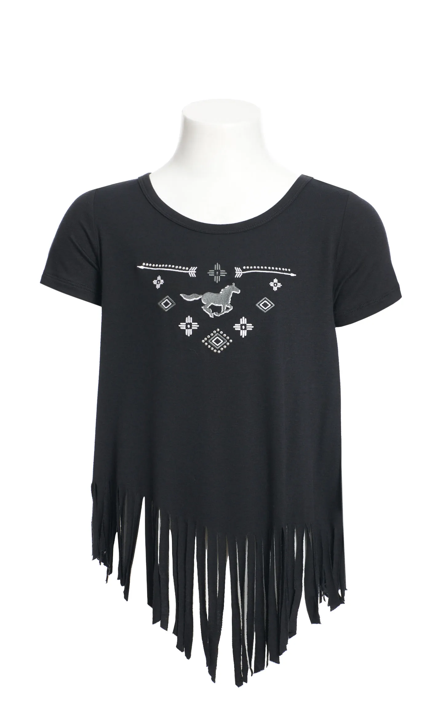 Cowgirl Hardware Girl's Black & Embroidered Aztec Horse Bling Crystals & Fringed Short Sleeve Western Shirt