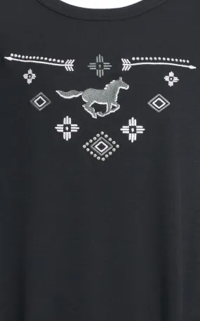 Cowgirl Hardware Girl's Black & Embroidered Aztec Horse Bling Crystals & Fringed Short Sleeve Western Shirt