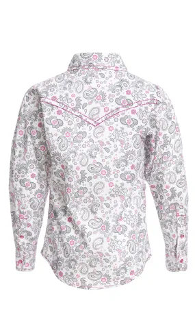 Cowgirl Hardware Girl's White with Grey & Pink Paisley Print Long Sleeve Western Shirt  