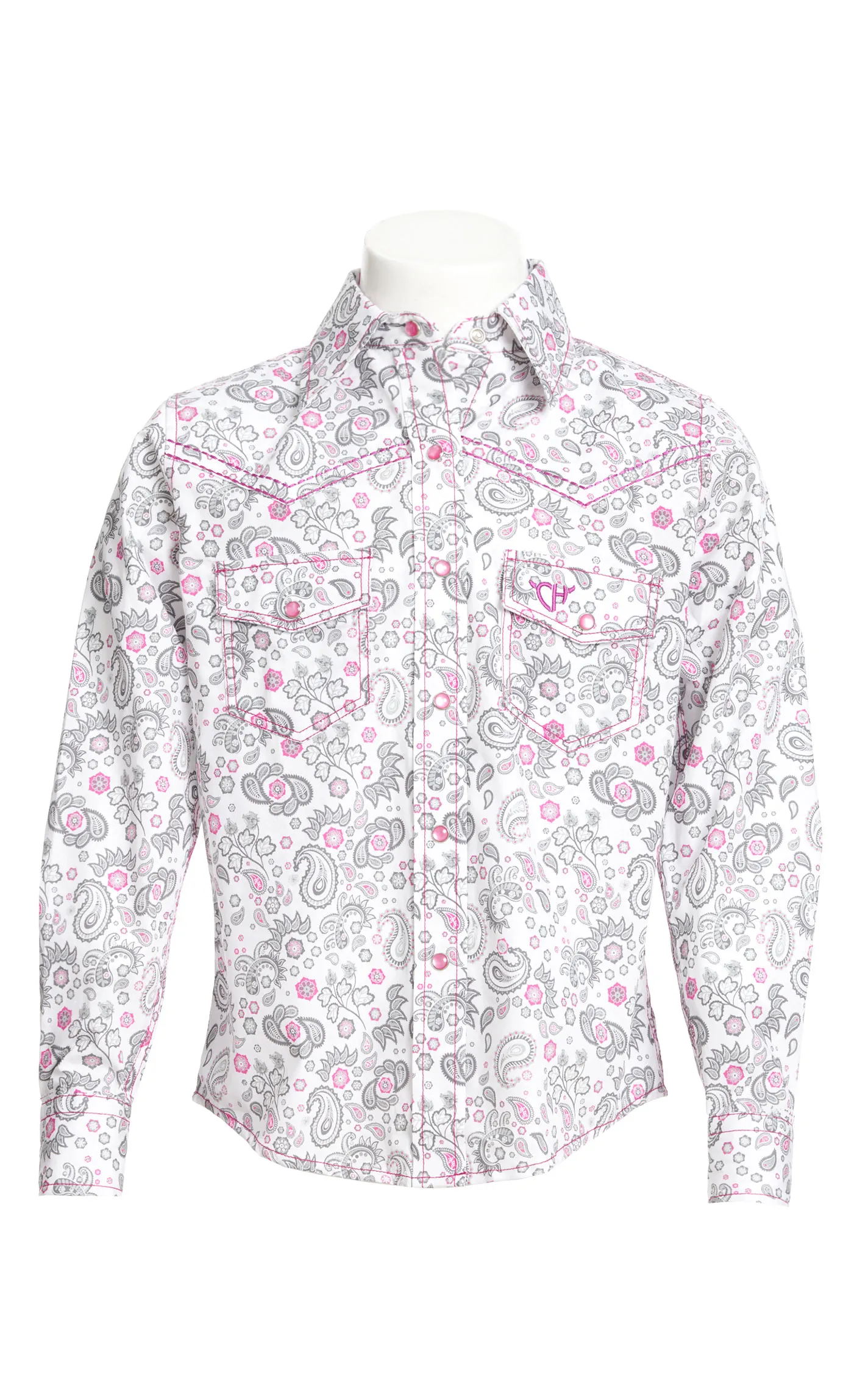 Cowgirl Hardware Girl's White with Grey & Pink Paisley Print Long Sleeve Western Shirt  