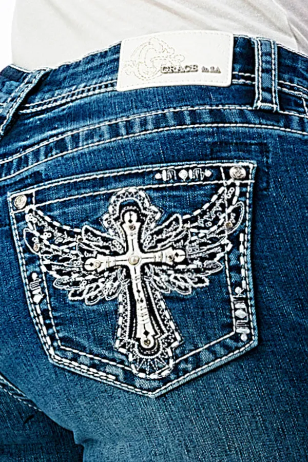 Cross /Wing Embellished Mid Rise Bootcut Jeans