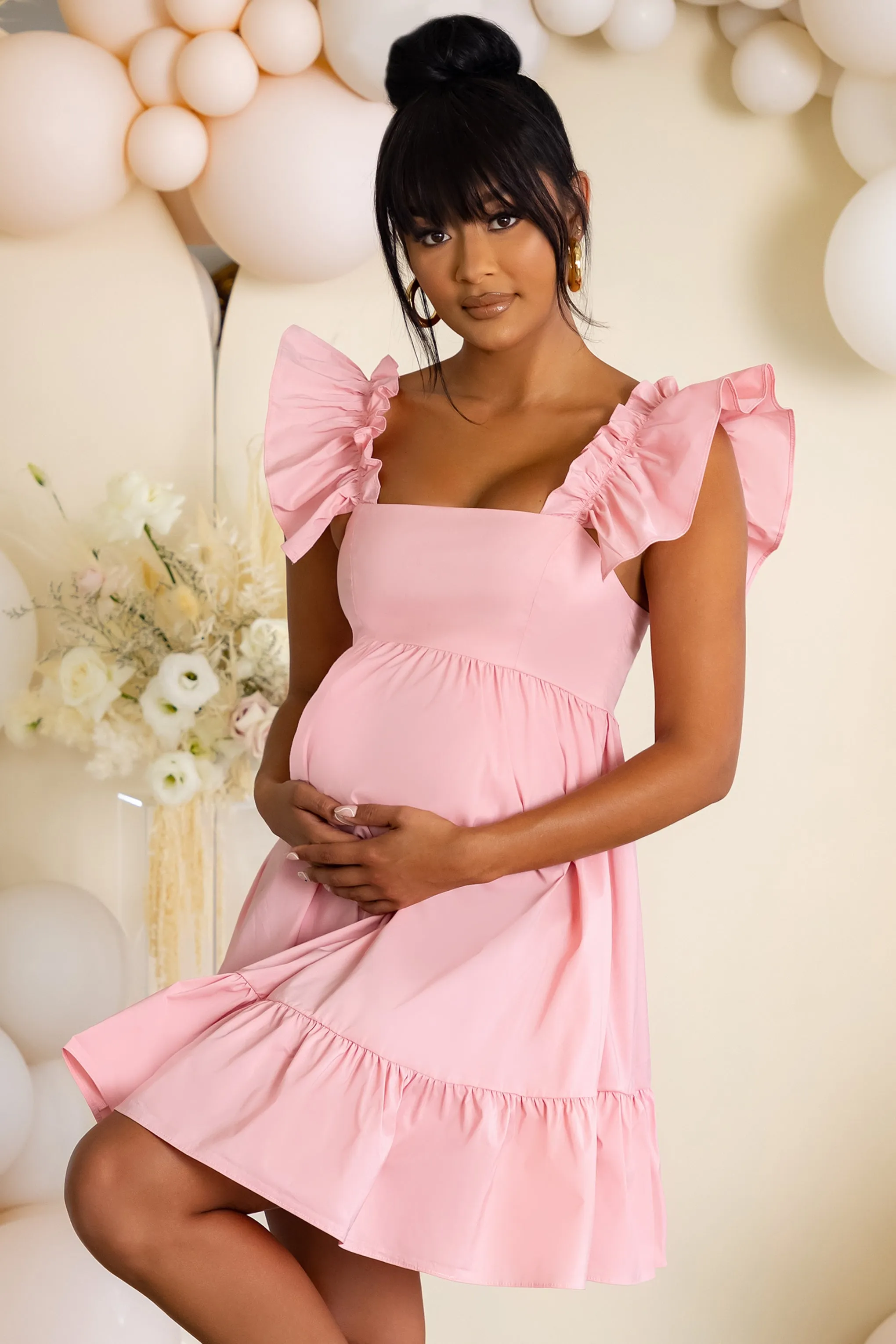 Dolly Daze | Pink Maternity Ruffle Sleeve Babydoll Mini Dress