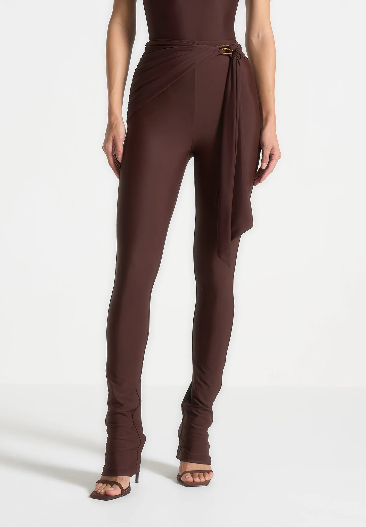 Draped Hardware Detail Leggings - Brown