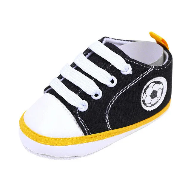 Infant Toddler Kids Canvas Sneakers Baby Boys Girls Anti-slip Soft Sole Crib Shoes Newborn Soccer Print Baby Prewalker 5 Colors