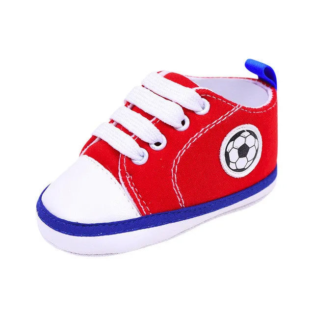 Infant Toddler Kids Canvas Sneakers Baby Boys Girls Anti-slip Soft Sole Crib Shoes Newborn Soccer Print Baby Prewalker 5 Colors