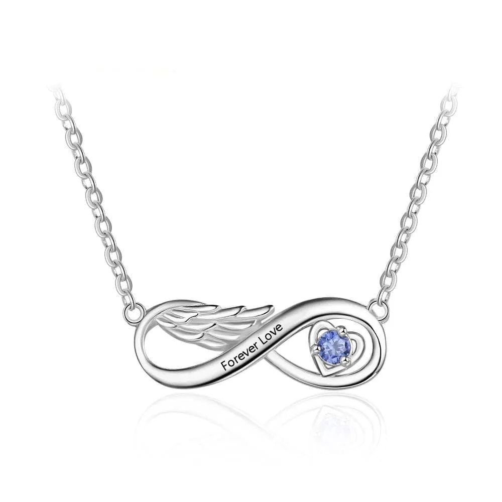 Infinity Wing Necklace with Engraving and Customized Birthstone