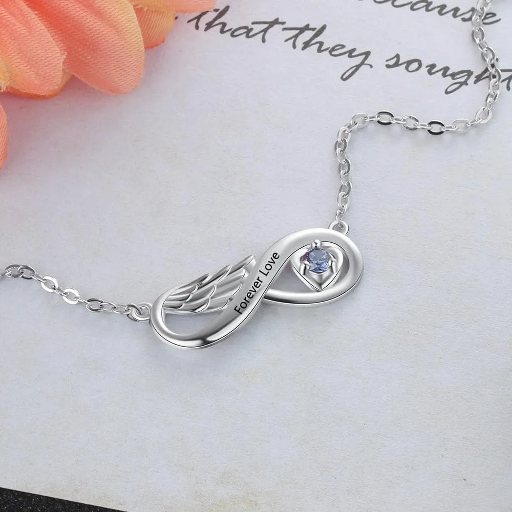 Infinity Wing Necklace with Engraving and Customized Birthstone