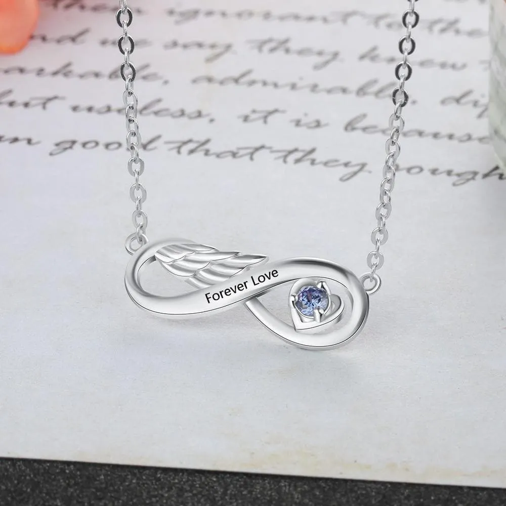 Infinity Wing Necklace with Engraving and Customized Birthstone