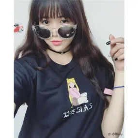 Japanese Letter & Girl Printed Loose Casual Short Sleeve Female T-Shirt