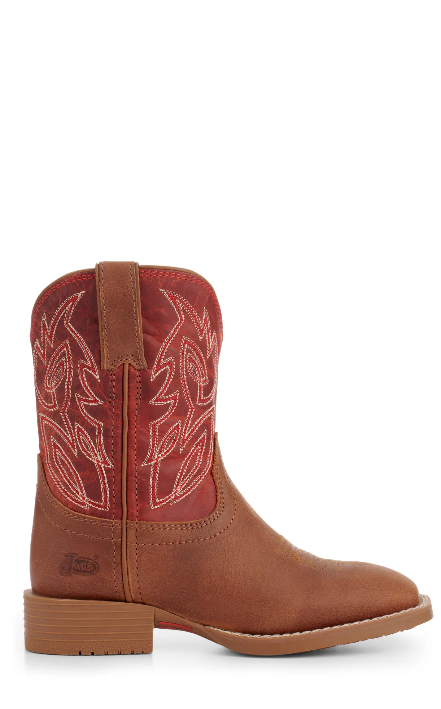 Justin Youth Canter Junior Cognac and Fire Red Wide Square Toe Cowboy Boots