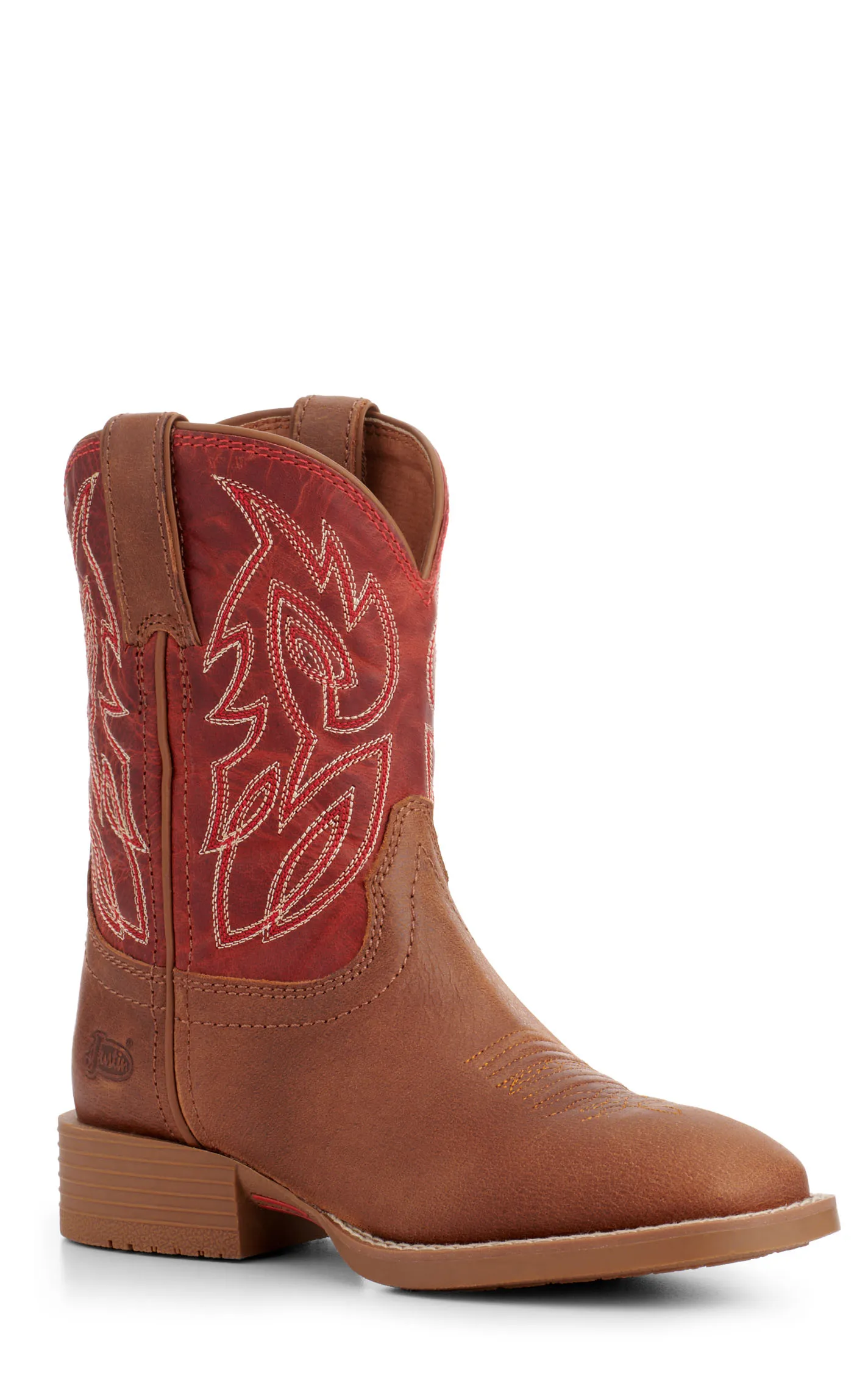 Justin Youth Canter Junior Cognac and Fire Red Wide Square Toe Cowboy Boots