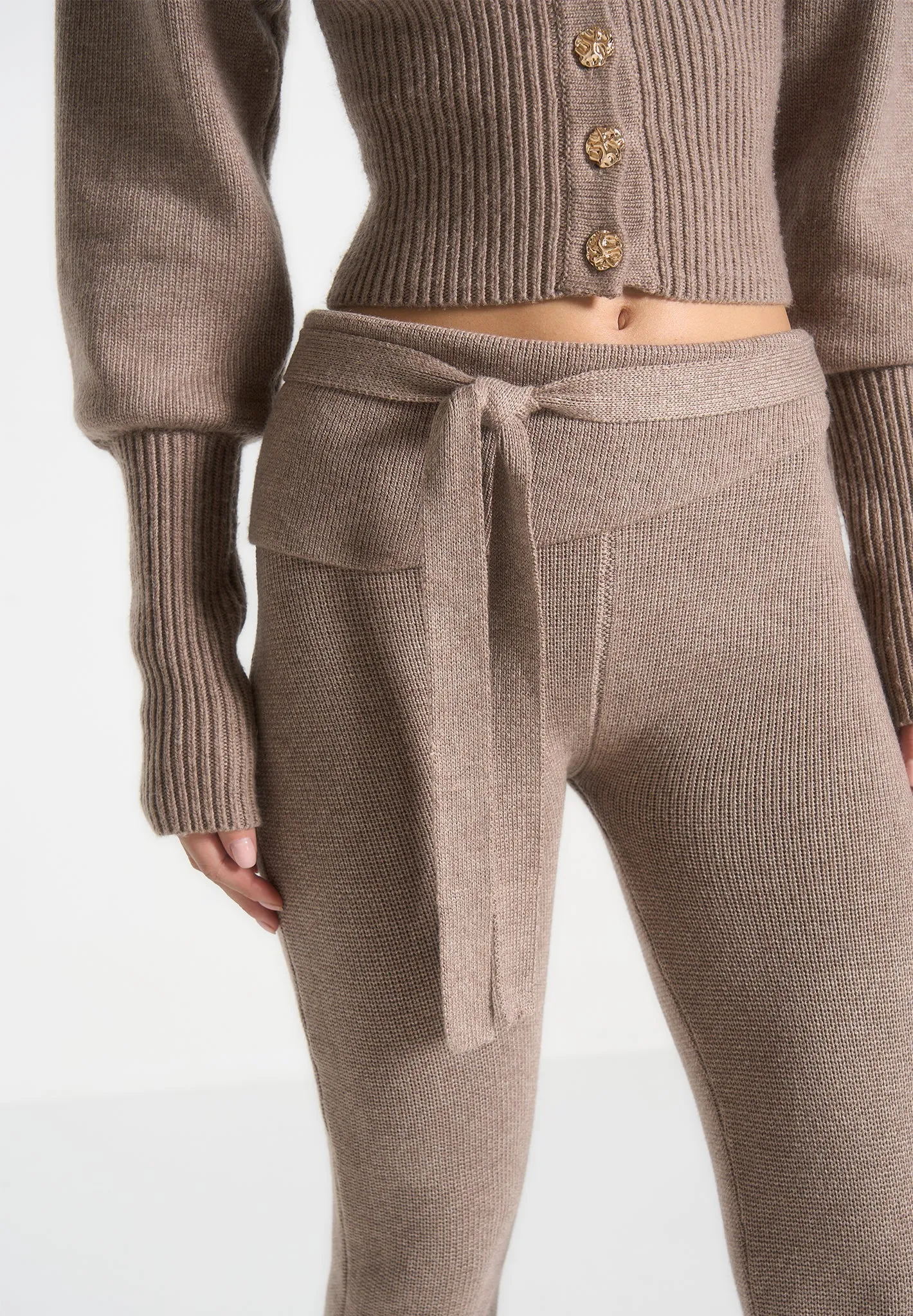 Knitted Fit & Flare Leggings with Belt - Taupe