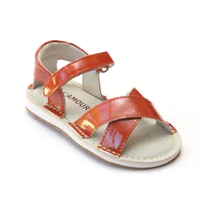 L'Amour Girls Patent Tangerine Crisscross Sandals