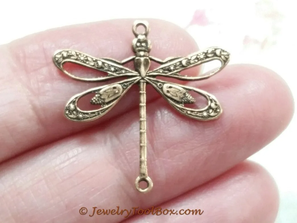 Large Antique Copper Filigree Dragonfly Connector Charm, 2 Loops,  Lot Size 10, #09C