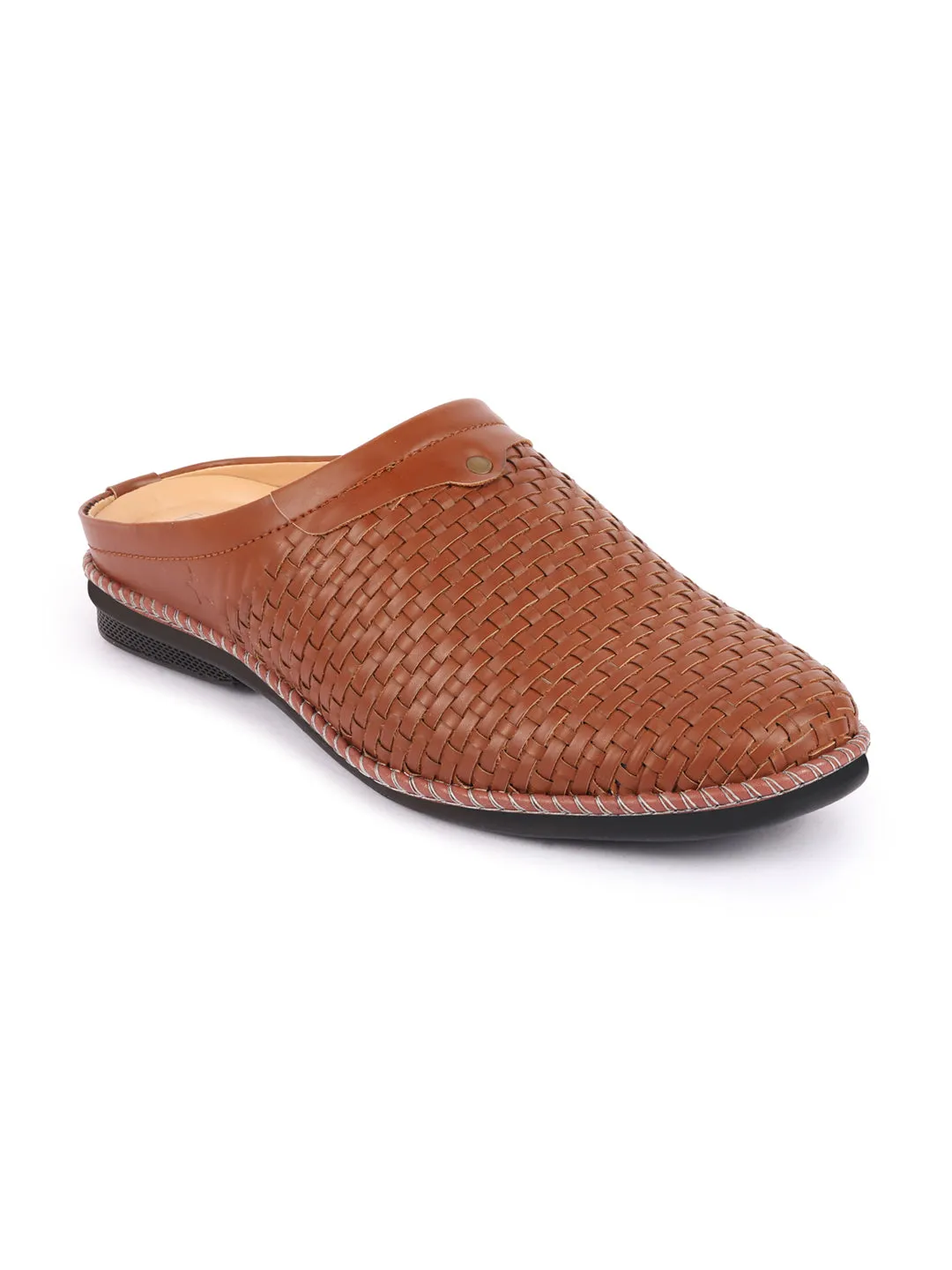 Men Tan Back Open Knit Design Stitched Ethnic Casual Mules