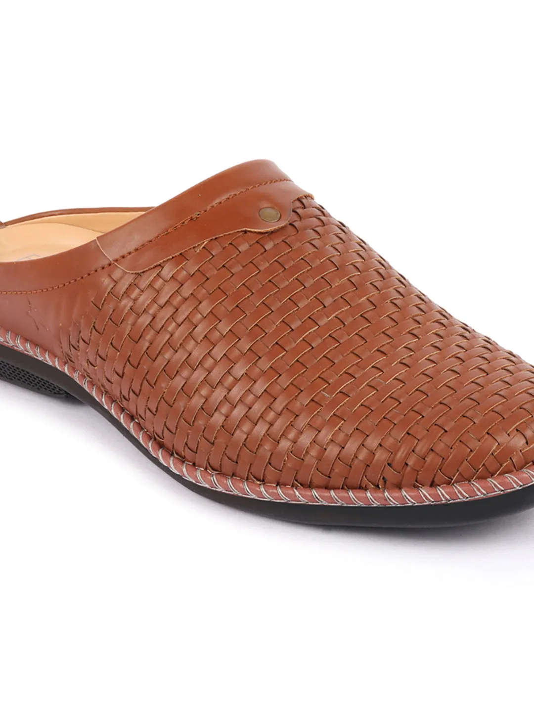 Men Tan Back Open Knit Design Stitched Ethnic Casual Mules