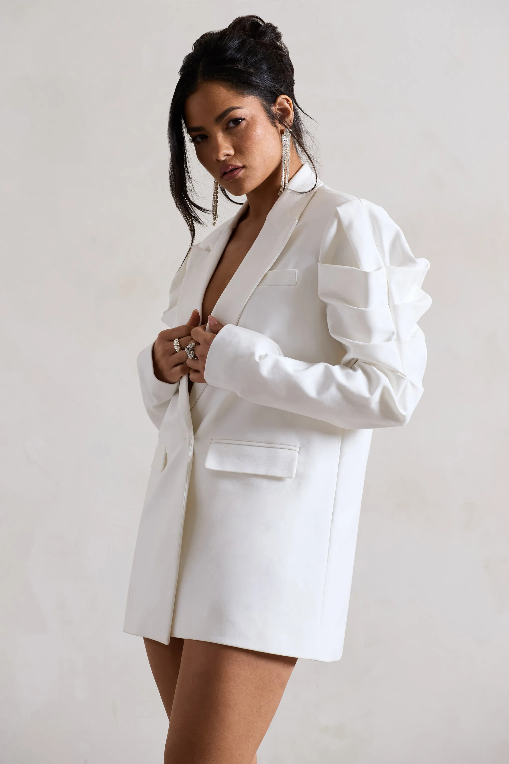 Metropolitan | White Cotton Oversized Blazer Mini Dress With Puff Sleeves