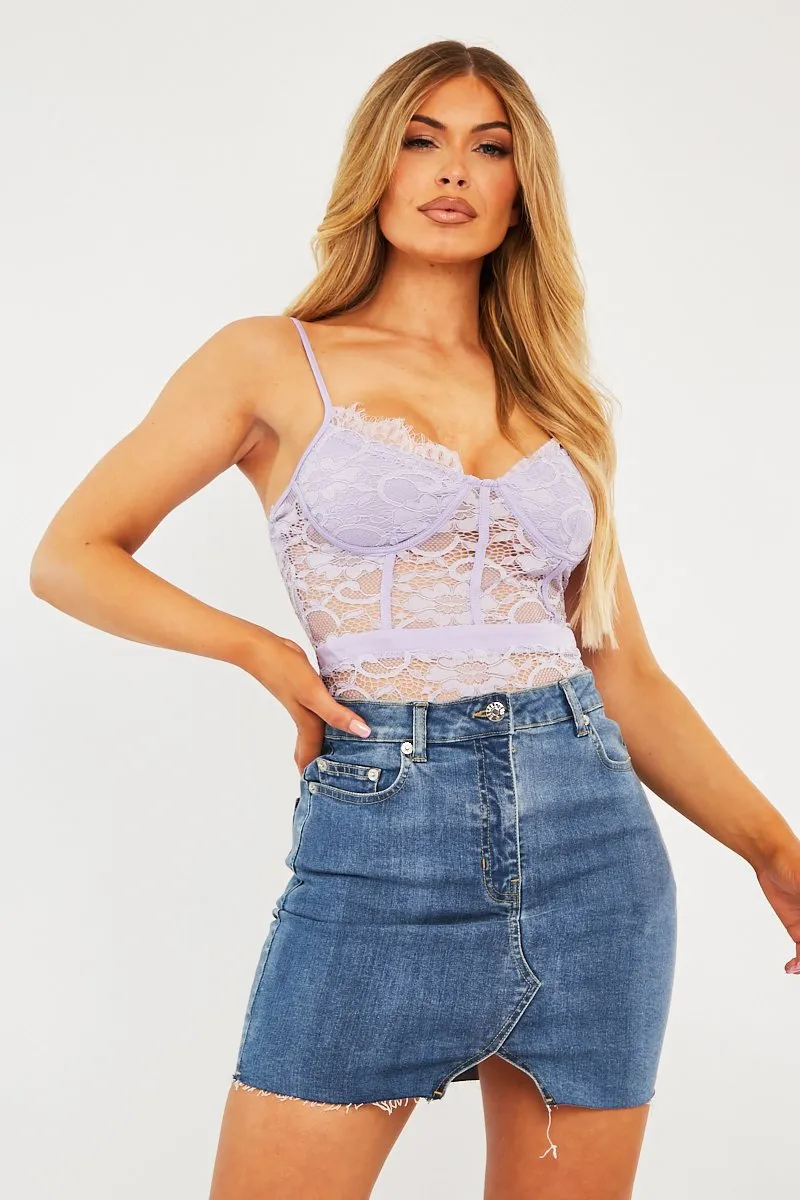 Mid Blue Notch Cut Out Denim Mini Skirt - Riana