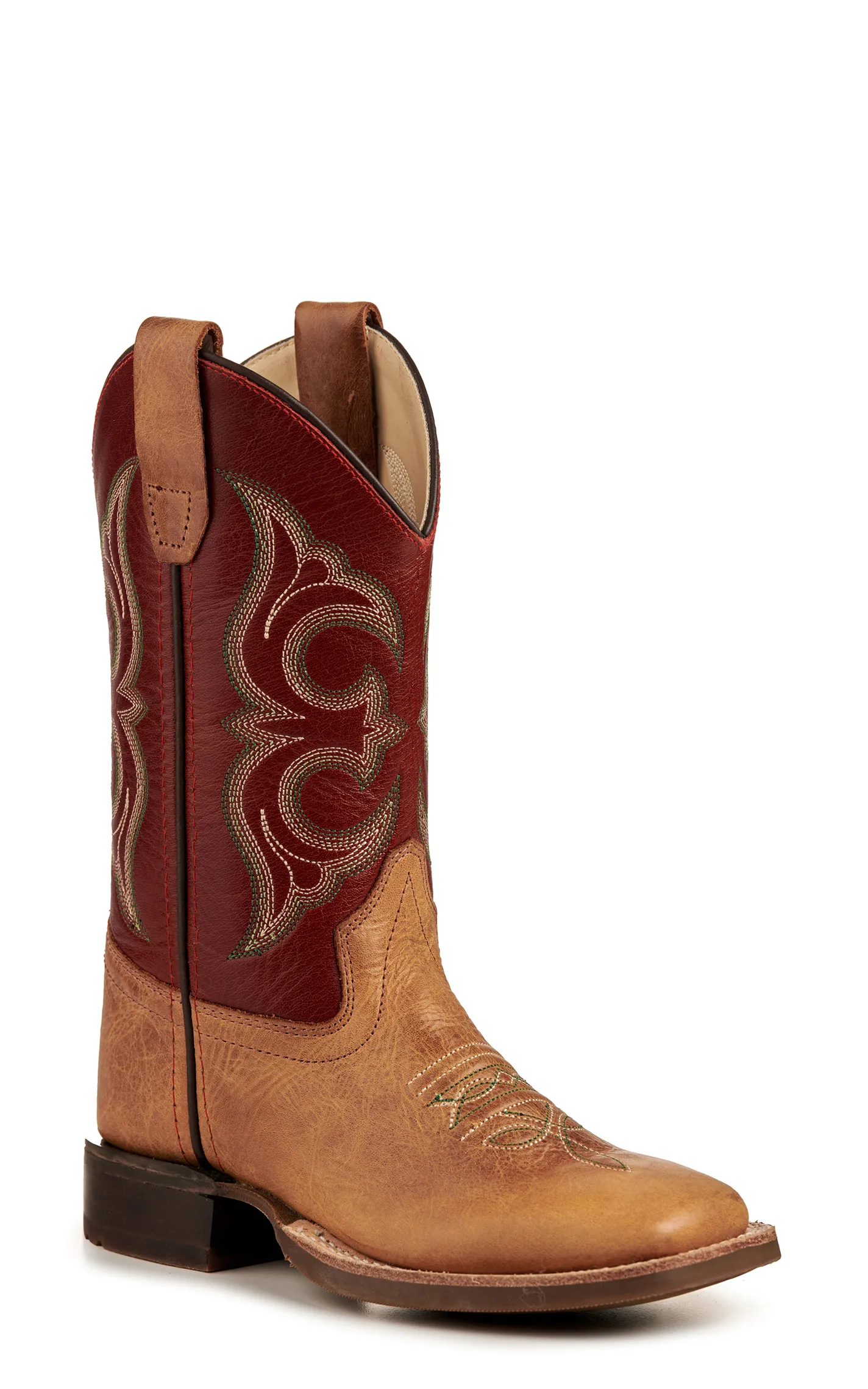 Old West Kid's Cactus Tan and Red Wide Square Toe Cowboy Boots