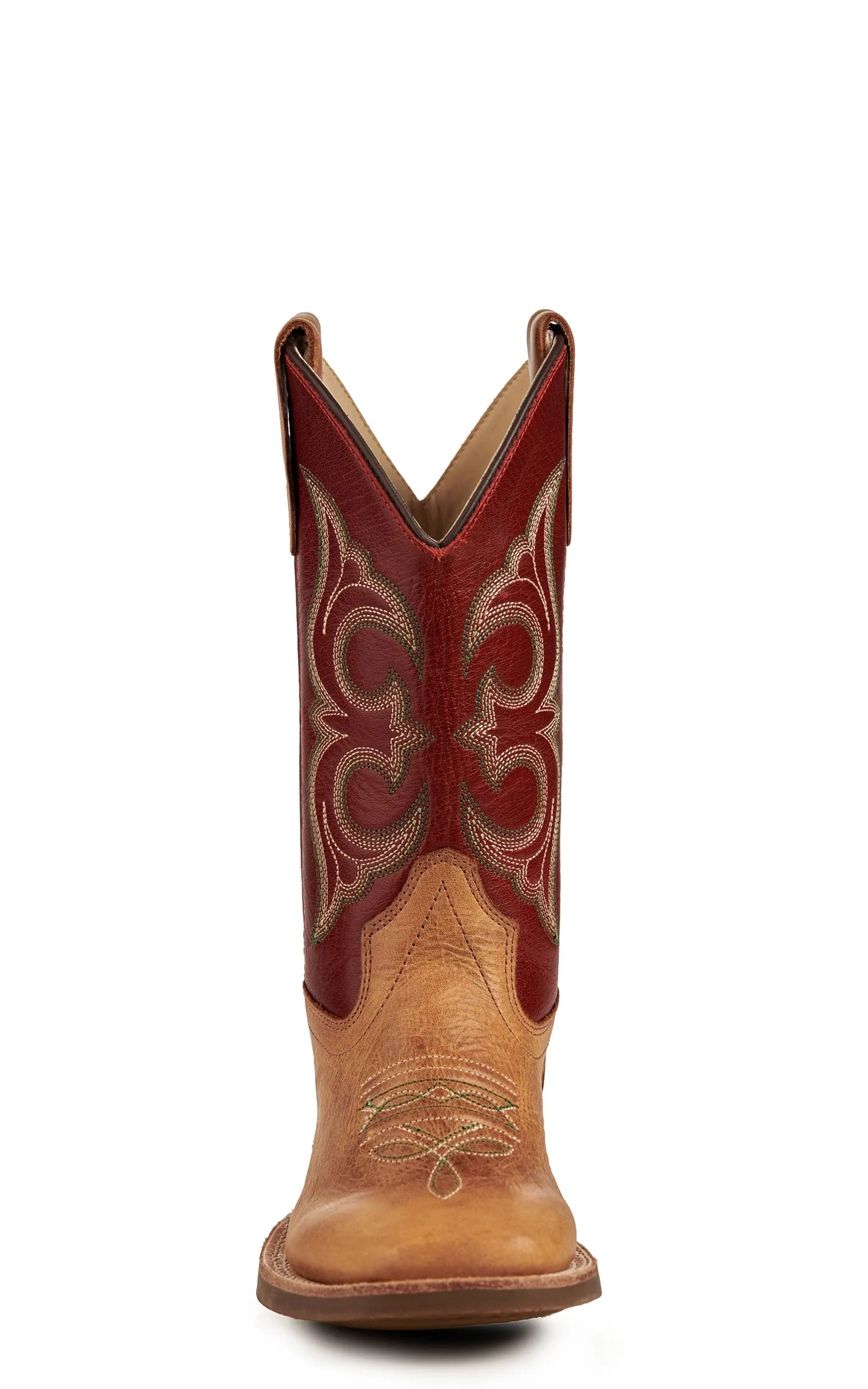 Old West Kid's Cactus Tan and Red Wide Square Toe Cowboy Boots