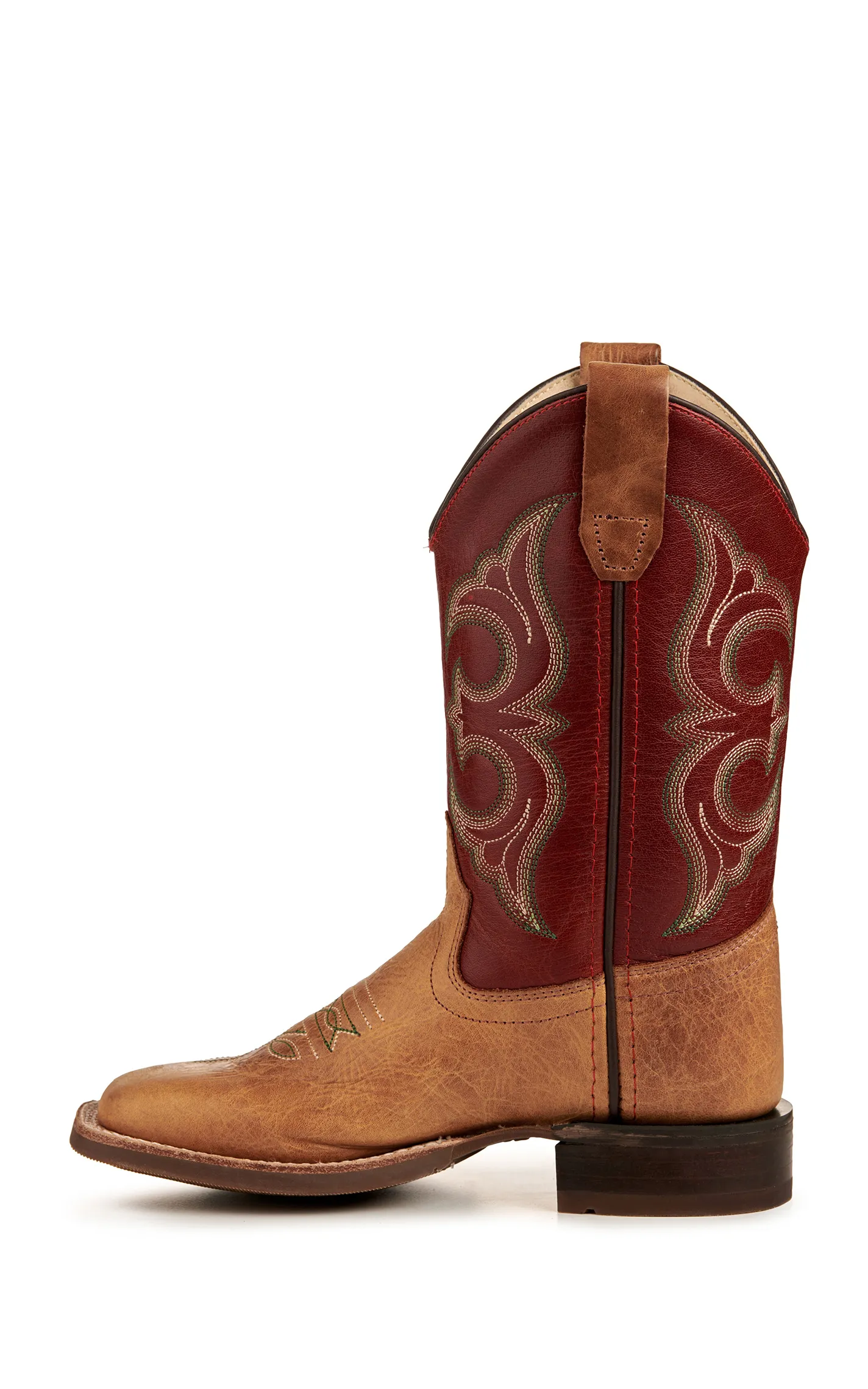 Old West Kid's Cactus Tan and Red Wide Square Toe Cowboy Boots