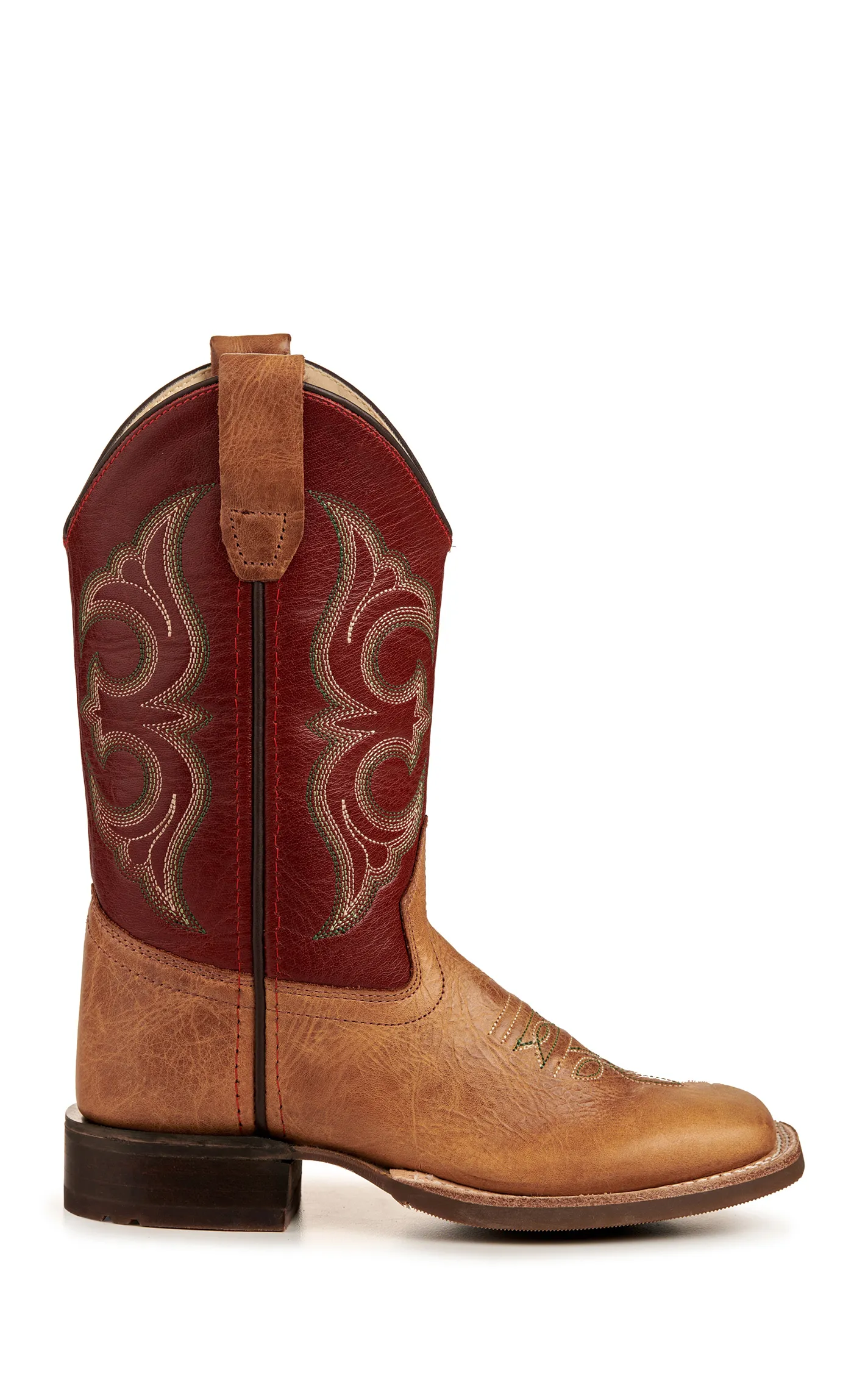 Old West Kid's Cactus Tan and Red Wide Square Toe Cowboy Boots