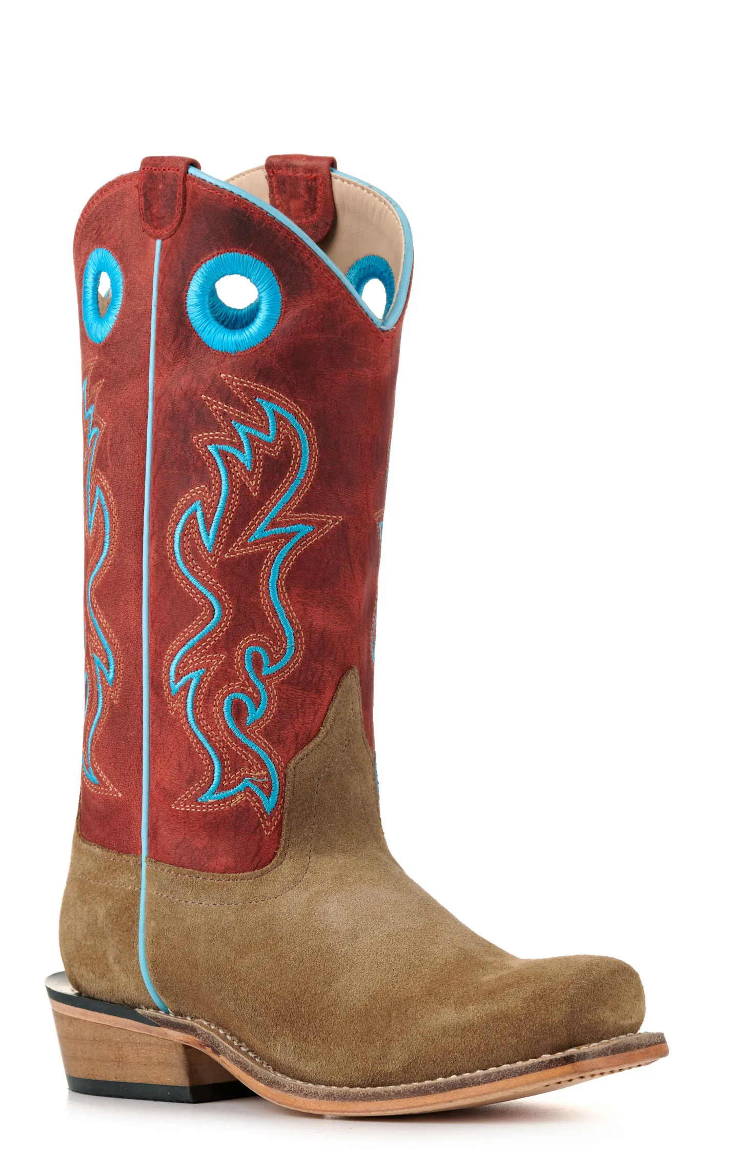 Old West Kids Camel Suede and Red Punchy Square Toe Cowboy Boots