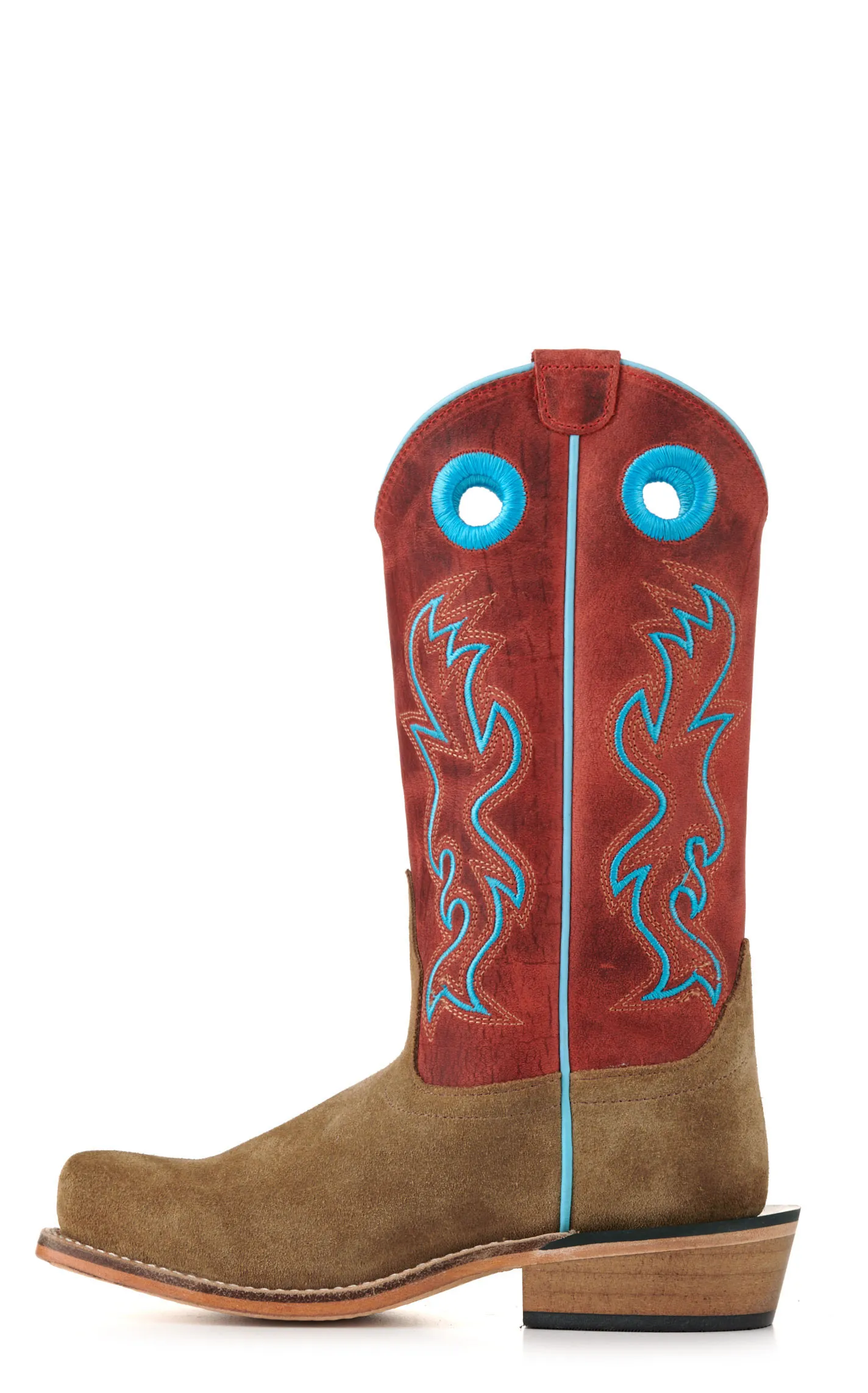 Old West Kids Camel Suede and Red Punchy Square Toe Cowboy Boots