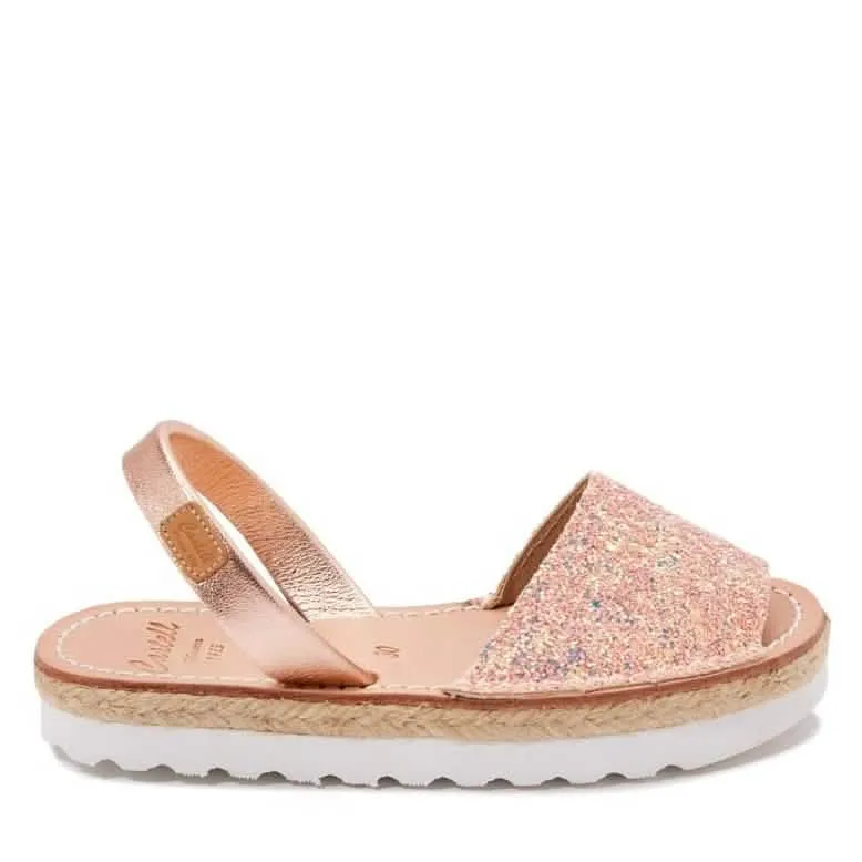 Open Toe Glitter Menorcan Sandal In Leather For Kids - Roma 1886R Strech