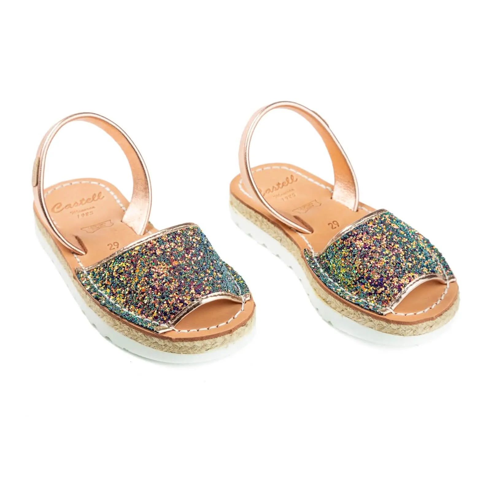 Open Toe Glitter Menorcan Sandal In Leather For Kids - Roma 1886R Strech