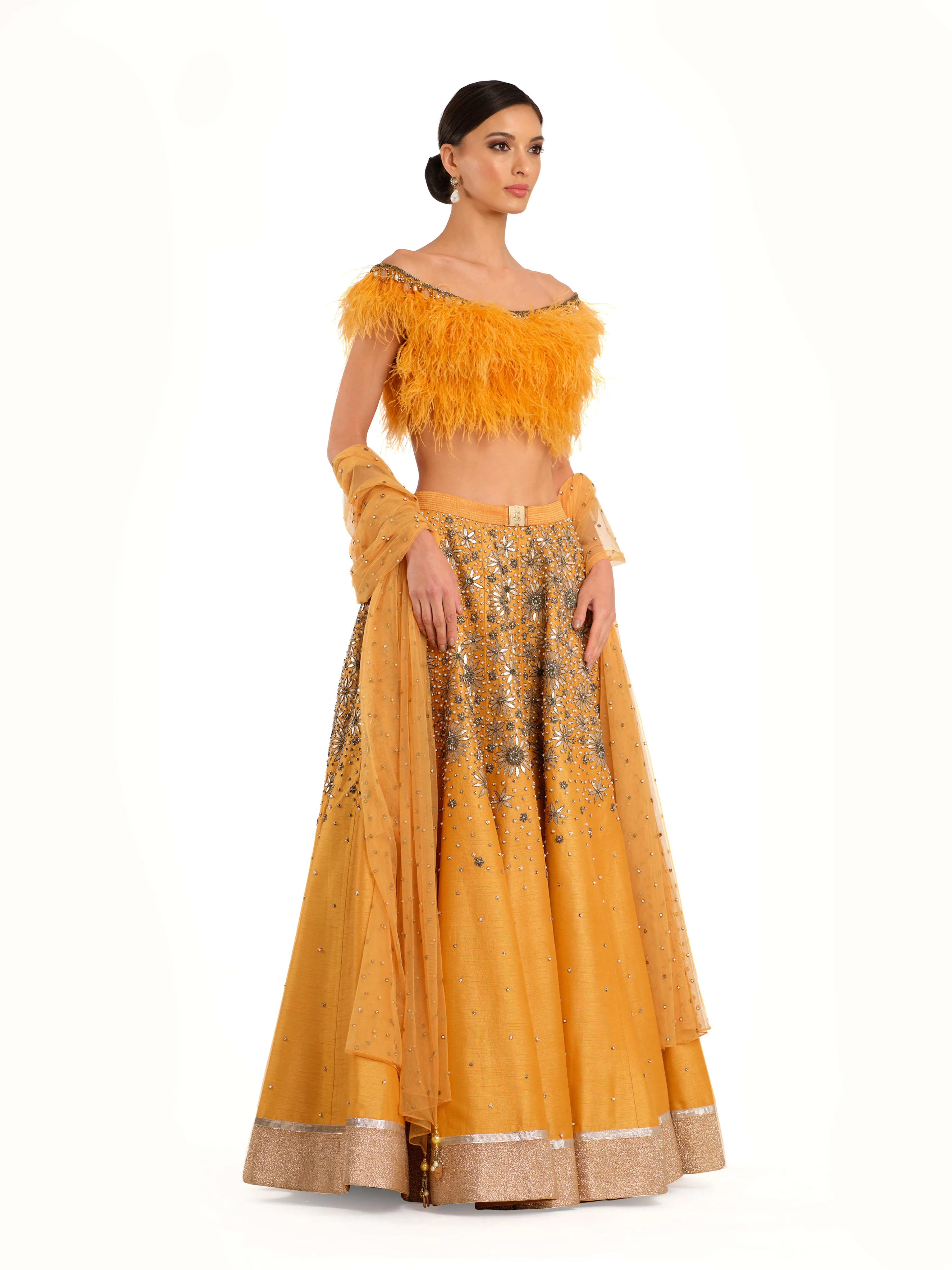 Orange Embroidered Lehenga with Feather detailed Blouse and Swiss Net Embroidered Dupatta