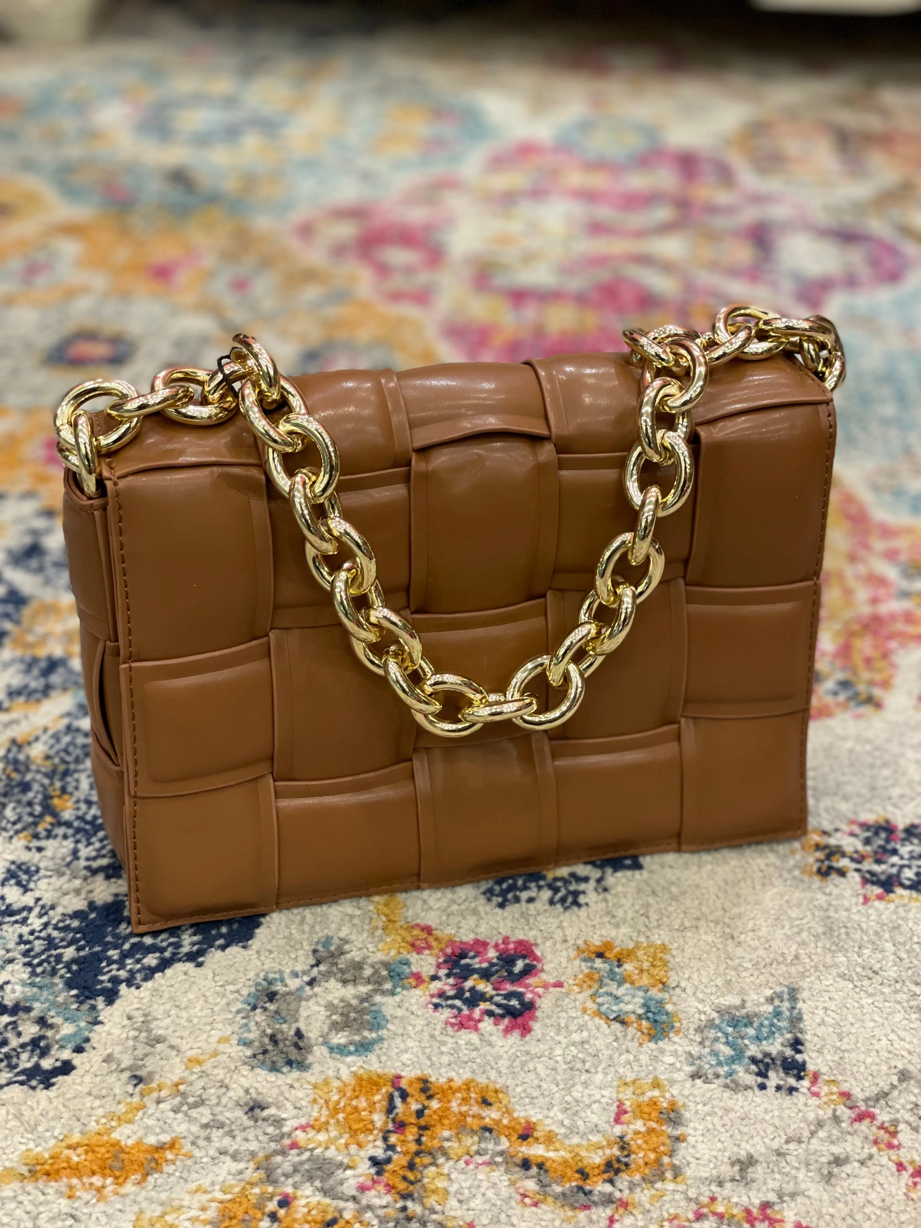 PBGJ31A-09 Caramel Leather Cross Woven Clutch Bag with Gold Chain