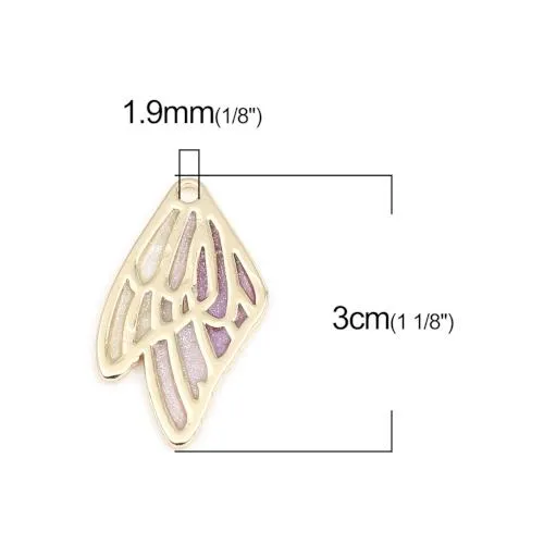 Pendants, Double Butterfly Wings, Gold Plated, Alloy, Lilac, Gradient, Enamel, 30mm