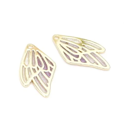 Pendants, Double Butterfly Wings, Gold Plated, Alloy, Lilac, Gradient, Enamel, 30mm