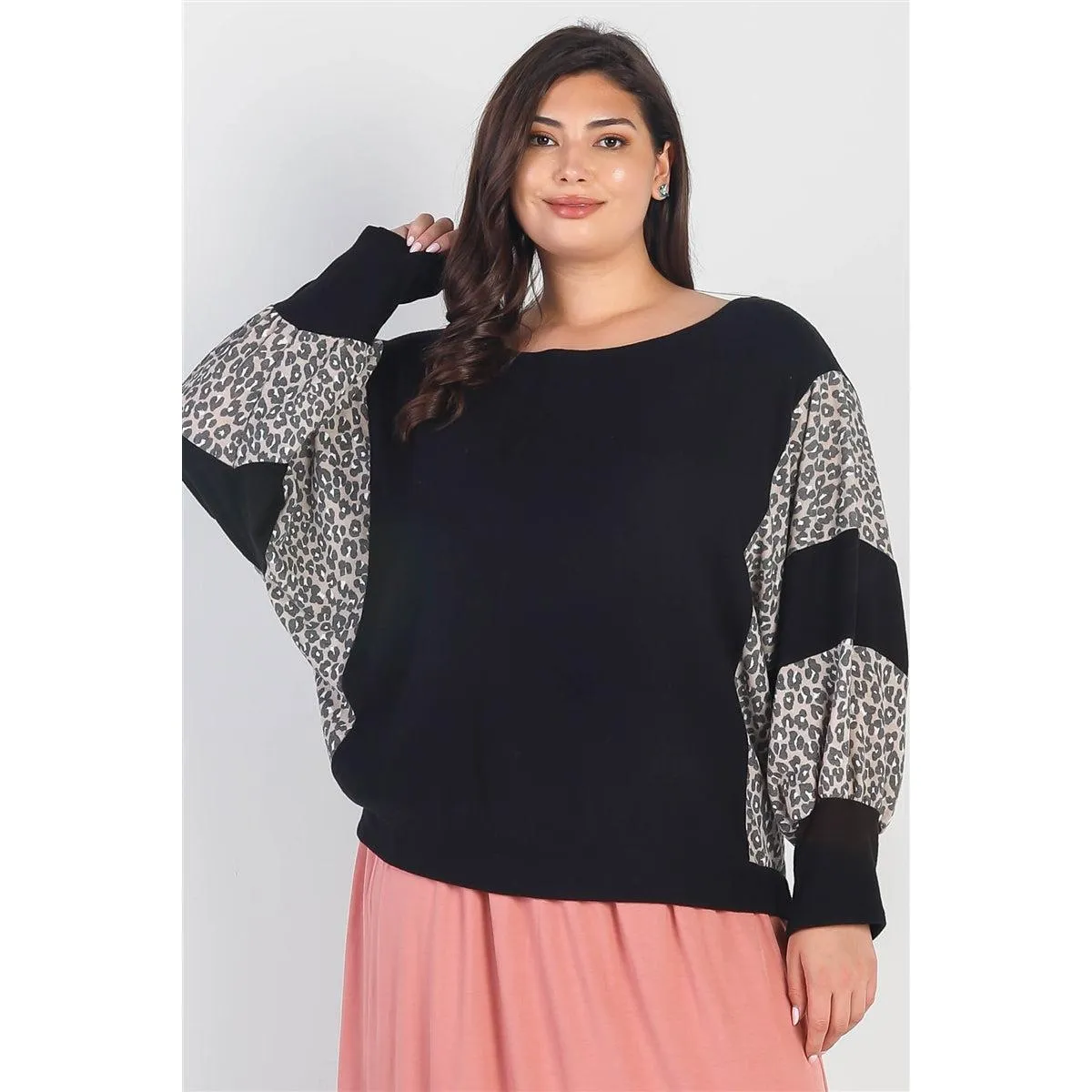 Plus Black Flannel Leopard Print Colorblock Dolman Sleeve Top