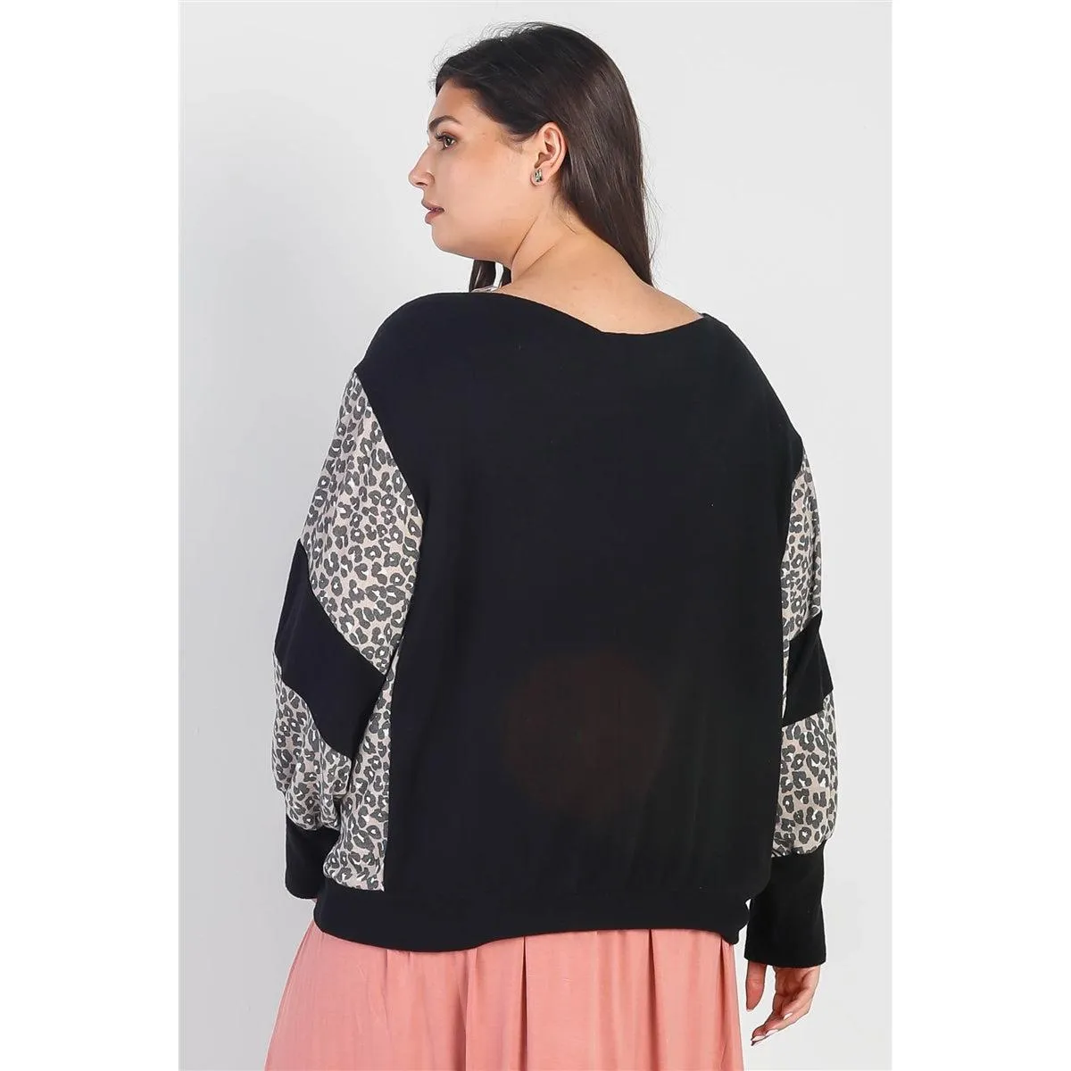 Plus Black Flannel Leopard Print Colorblock Dolman Sleeve Top