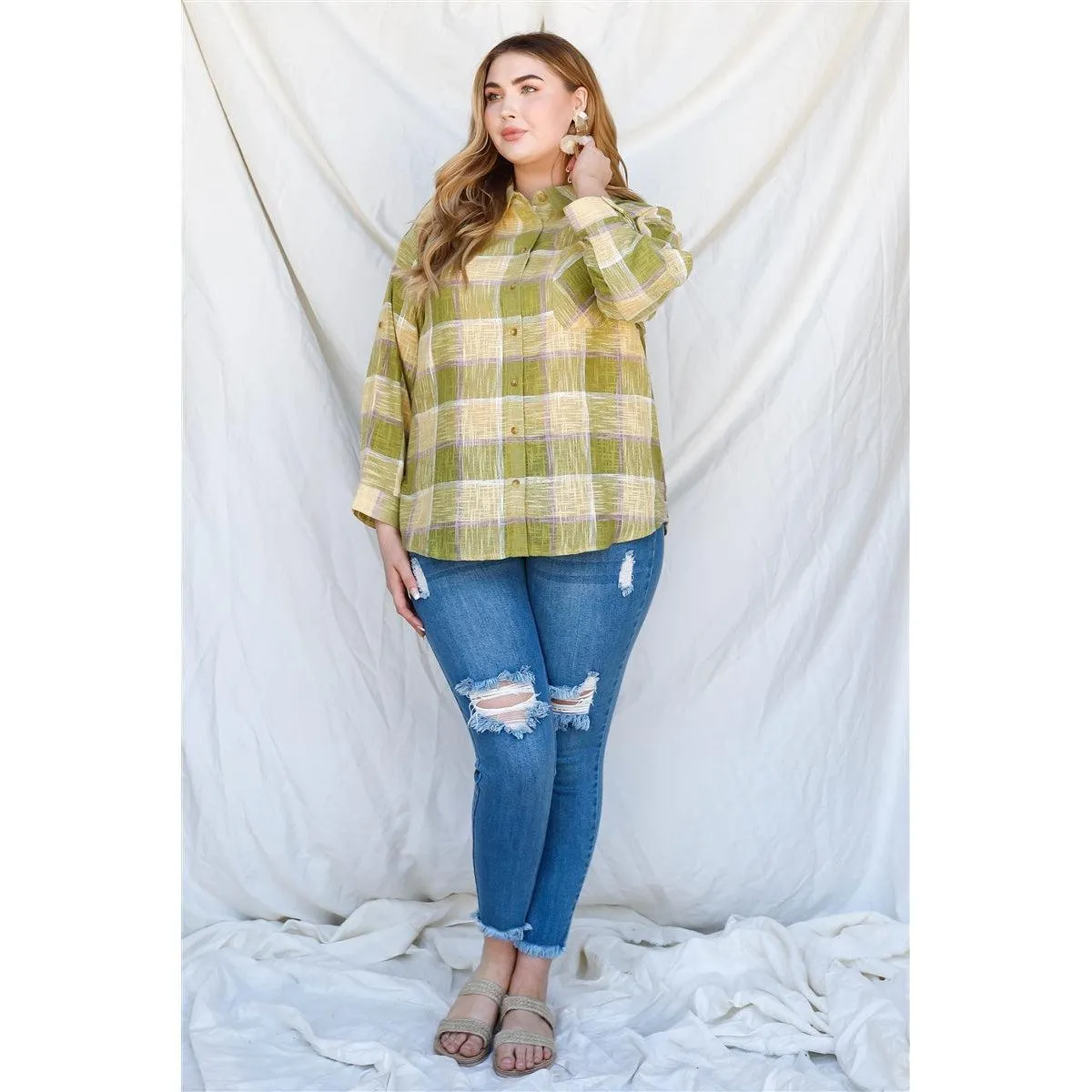 Plus Lime Cotton & Linen Blend Textured Plaid Shirt Top