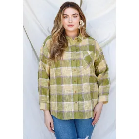 Plus Lime Cotton & Linen Blend Textured Plaid Shirt Top