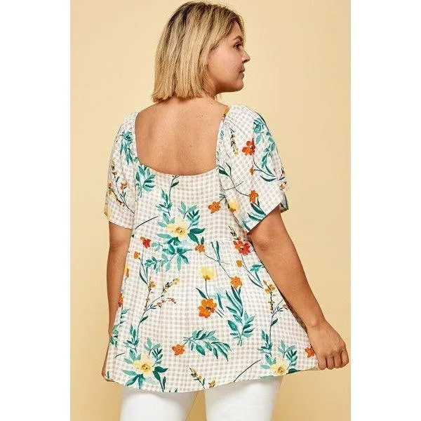 Plus Size Floral Check Printed Rayon Challis Square Neck Fashion Top