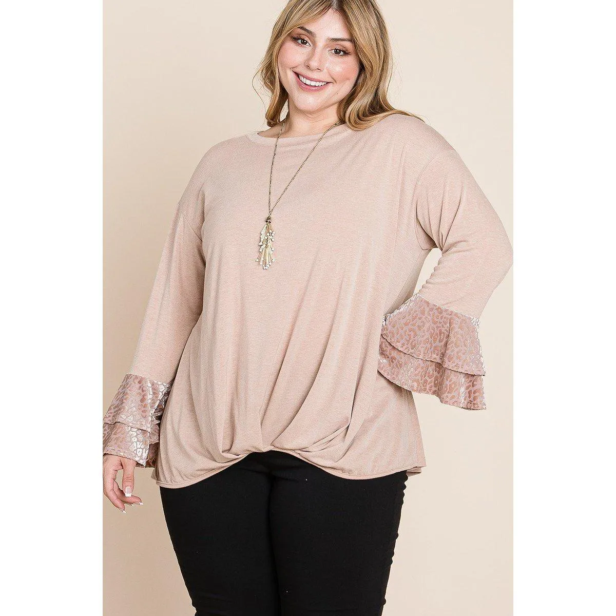 Plus Size Two Tier Velvet Animal Mesh Sleeves Solid Knit Top