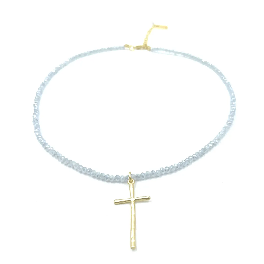 Prayer Cross on Pale Blue Necklace