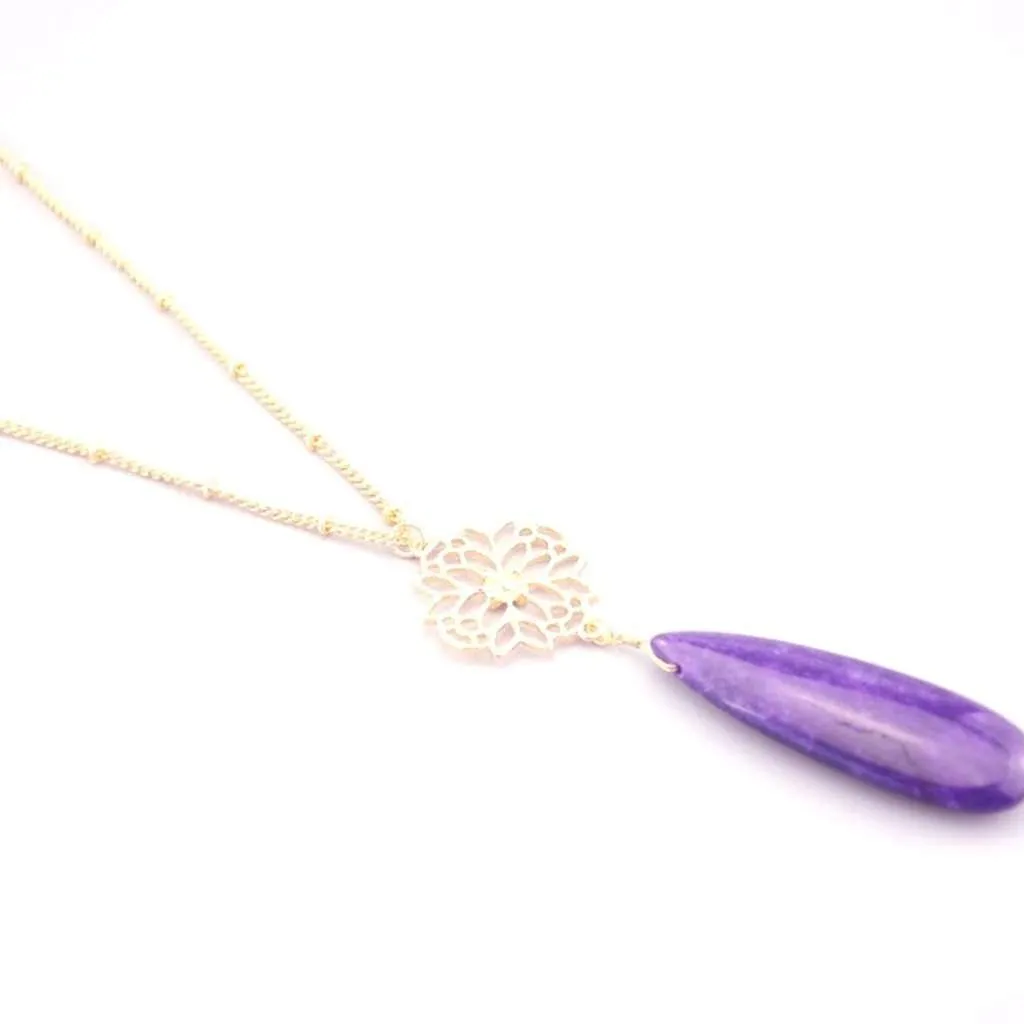 Purple Teardrop Long Gold Chain Necklace